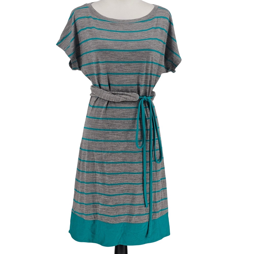 Icebreaker Merino Wool T-Shirt Dress S Gray Teal Stripe Tie Belt Gorpcore Travel